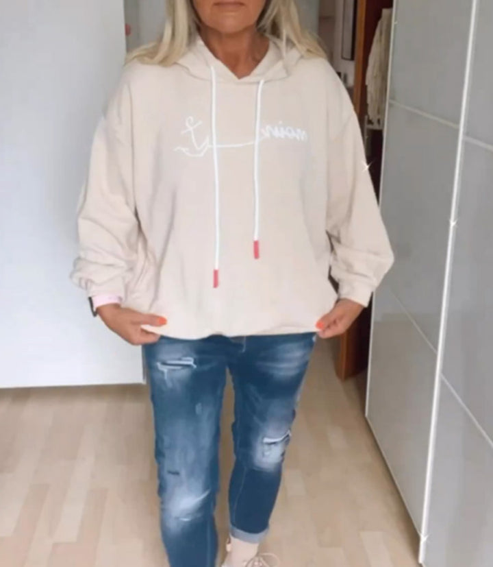 Damen lässiger Kapuzenpullover mit modernem Schriftaufdruck und praktischen Taschen Drune