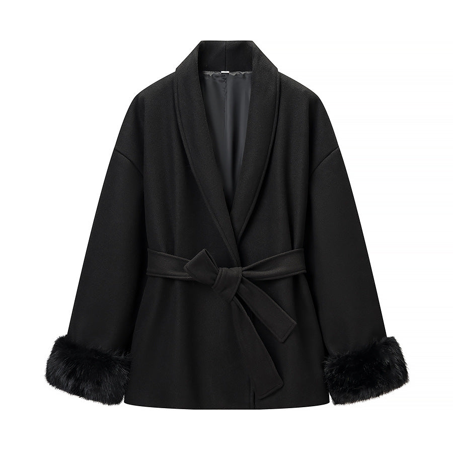 Damen Modische Jacke mit weich gefüttertem Kragen und Bindegürtel Drune