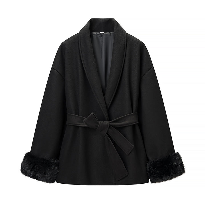 Damen Modische Jacke mit weich gefüttertem Kragen und Bindegürtel Drune