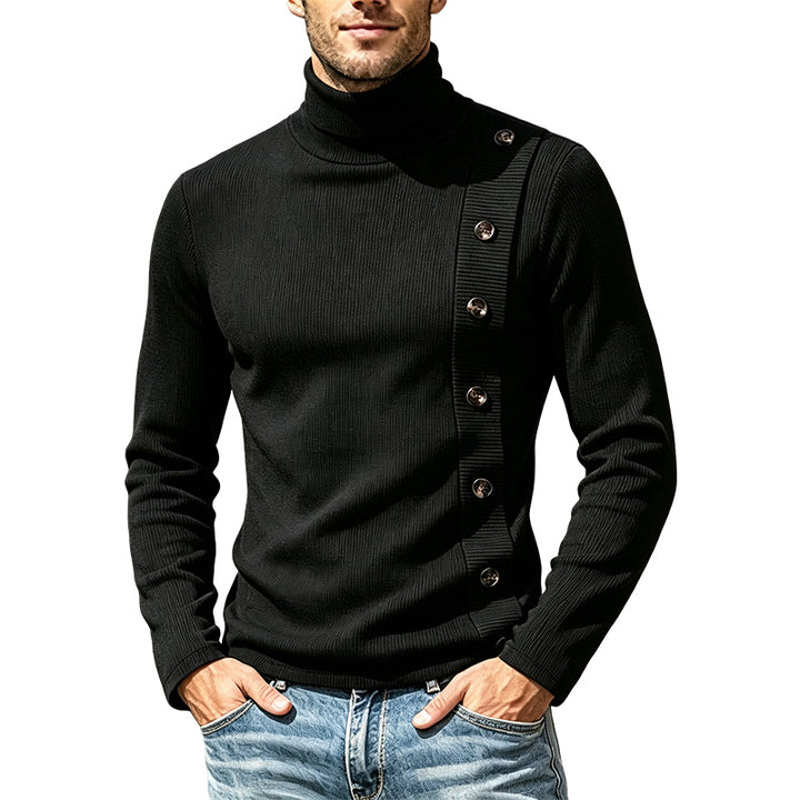 Herren Slim-Fit Rollkragenpullover mit asymmetrischer Zierknopfleiste aus Rippstrick Drune