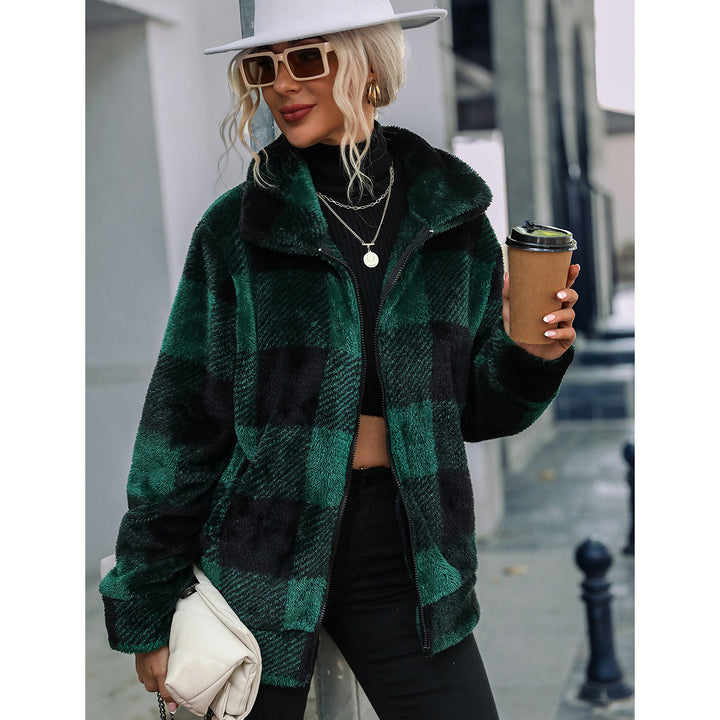 Damen Plüsch-Hoodiejacke mit trendigem Karomuster und praktischen Reißverschlusstaschen Drune