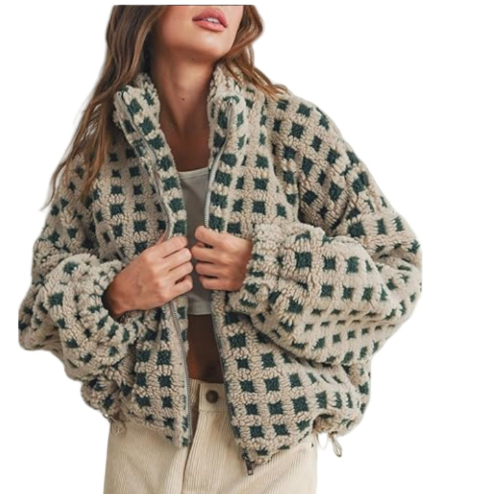 Damen Kuschelige und modische Fleecejacke mit geometrischem Muster und lässigem Schnitt Drune