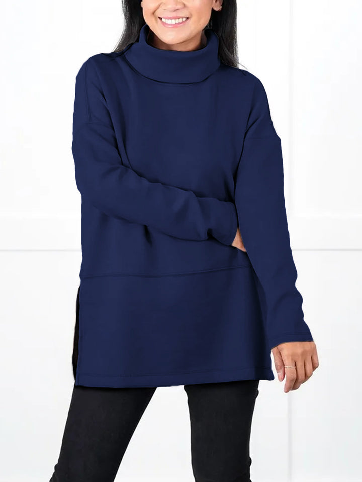 Damen Oversize Sweat-Tunika mit hohem Rollkragen, seitlichen Schlitzen und verlängertem Saum Drune