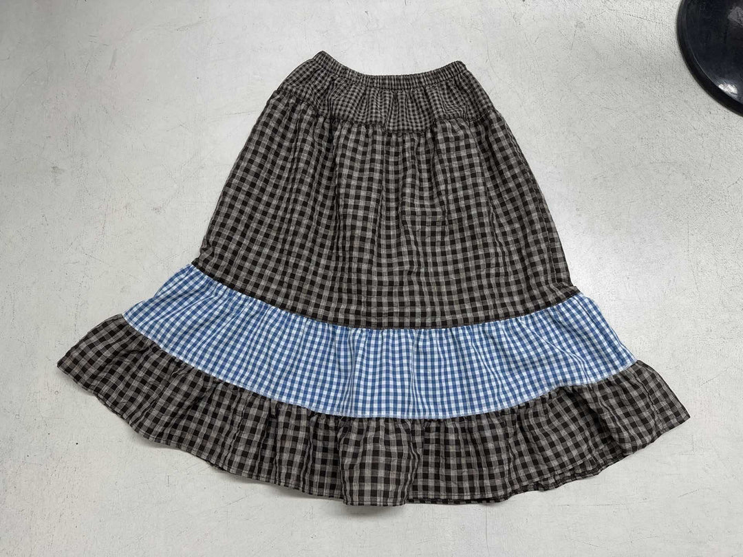 Damen nan mehrlagiger Baumwoll-Stufenrock mit elastischem Taillenbund, kontrastierendem Gingham-Band und Volant Drune