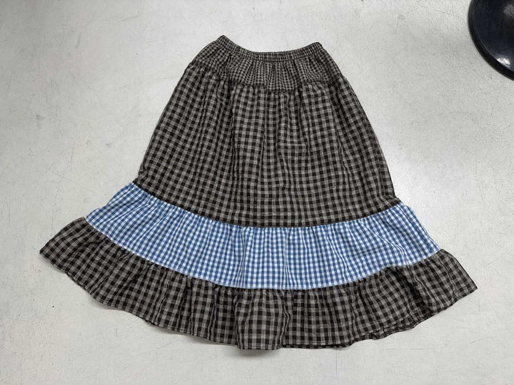 Damen nan mehrlagiger Baumwoll-Stufenrock mit elastischem Taillenbund, kontrastierendem Gingham-Band und Volant Drune
