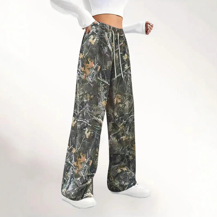 Damen Weite Palazzo-Loungehose im Camouflage-Blattmuster mit Elastikbund, Tunnelzug und Eingrifftaschen Drune
