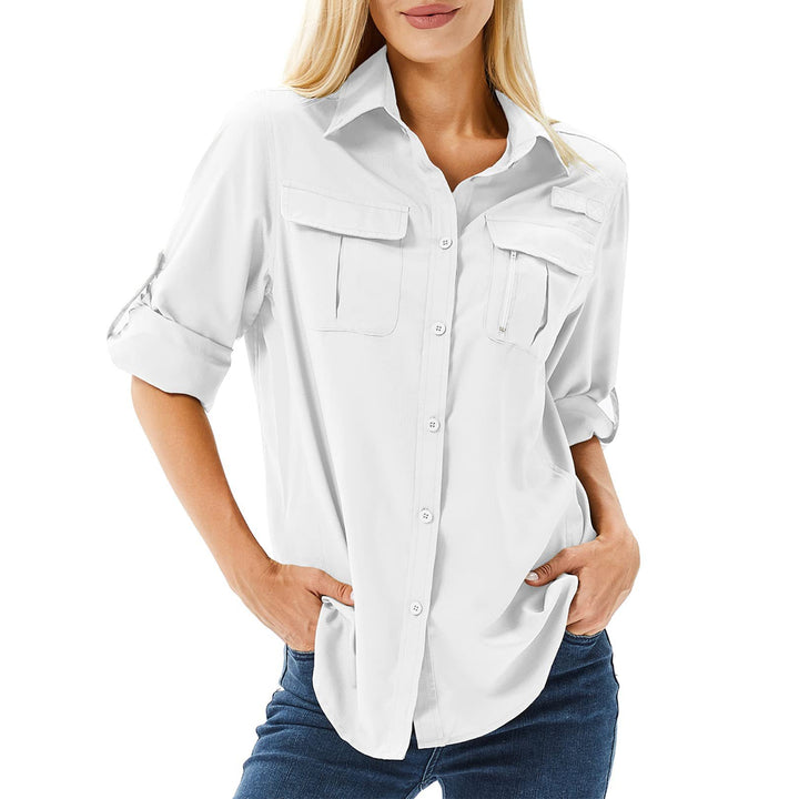 Damen lässige Bluse mit praktischen Taschen und umschlagbaren Ärmeln Drune