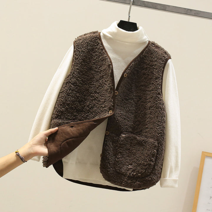 Damen Ärmellose Teddyweste mit Knopfleiste und aufgesetzten Taschen Drune