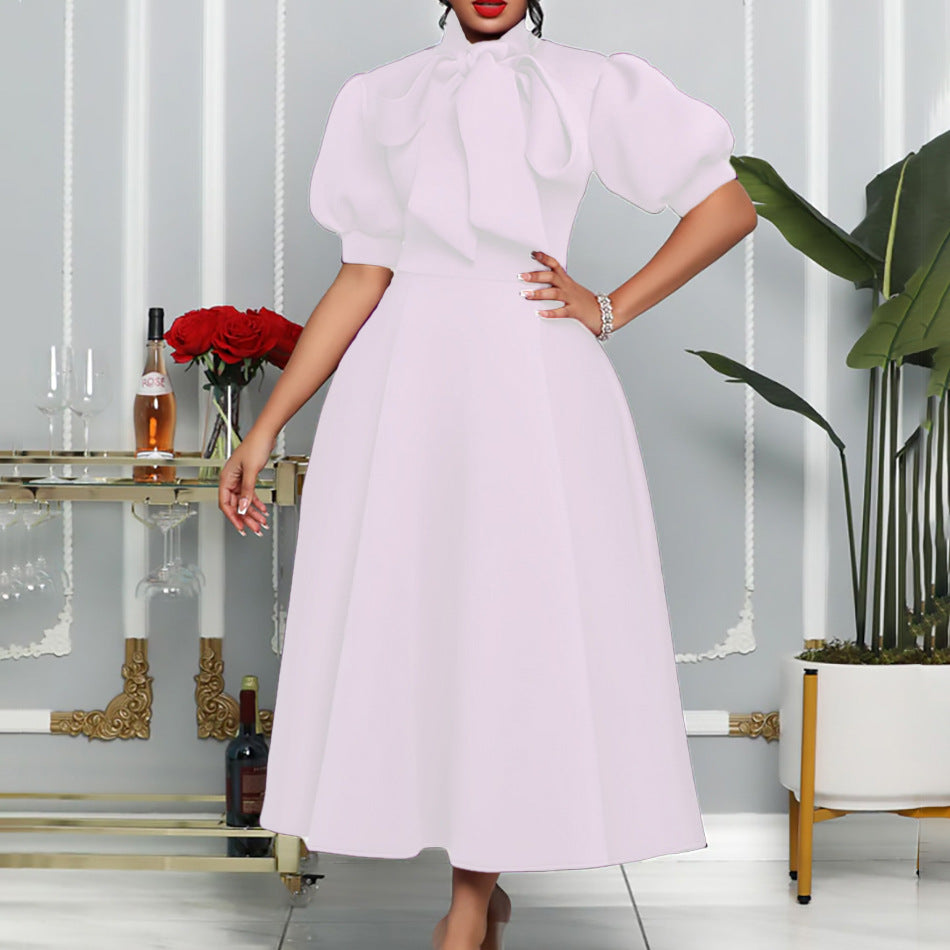 Damen Elegantes Midi-Kleid mit Puffärmeln und Bindegürtel Drune