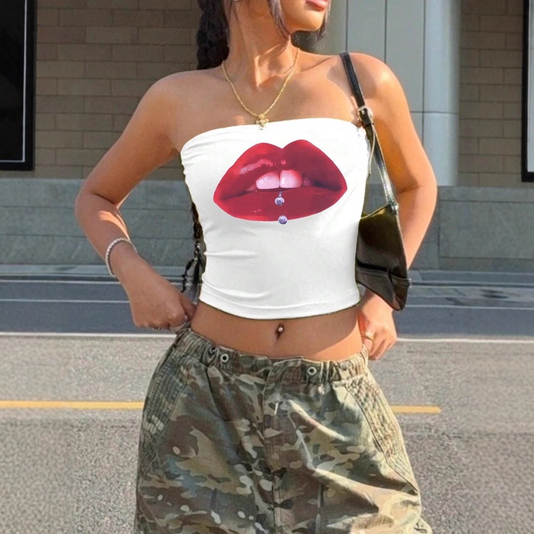 Damen Bandeau-Top mit auffälligem Lippenmotiv und figurbetontem Schnitt Drune