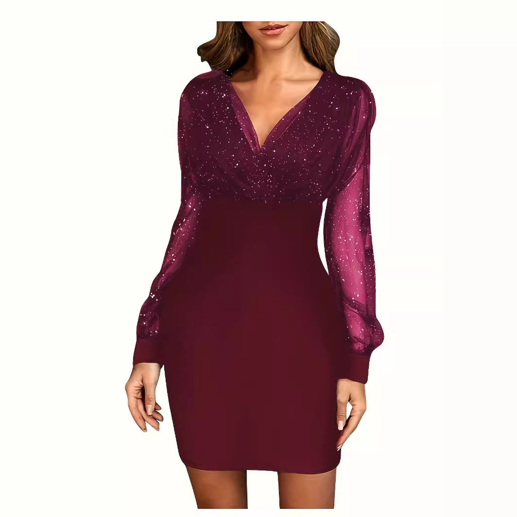 Damen Glitzerndes Cocktailkleid mit transparenten Ärmeln Drune