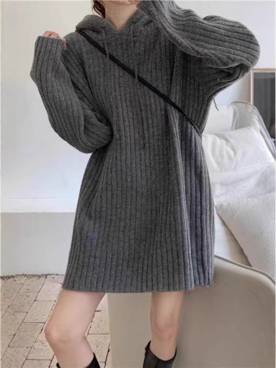 Damen Strick‑Kapuzenkleid mit gerippter Struktur und oversized Silhouette Drune