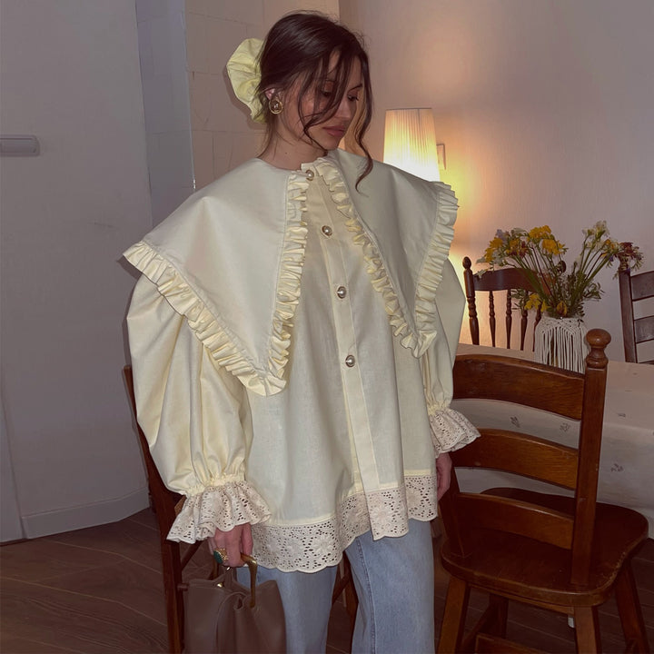 Damen Oversize Bluse mit Rüschendetails und Spitzenbesatz Drune