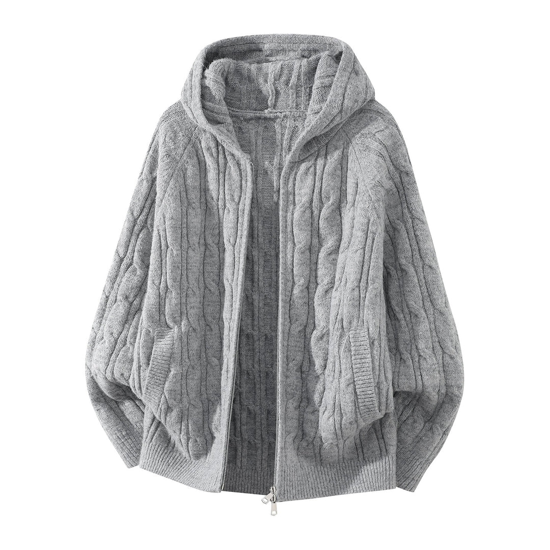 Damen Oversize Kapuzen-Strickjacke mit Zopfmuster und teilbarem Reißverschluss Drune