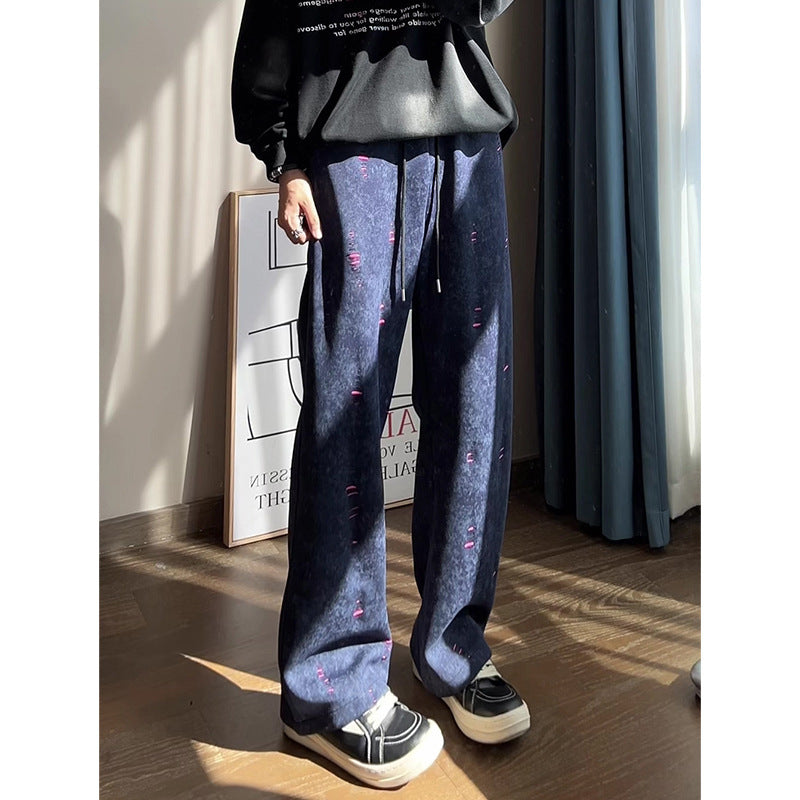 Herren Oversized Cordhose mit Distressed‑Details, weitem Bein und Tunnelzug Drune