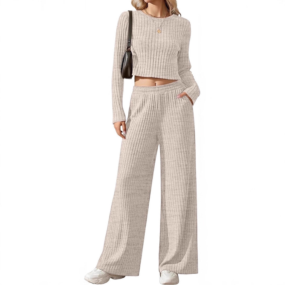 Damen Geripptes Feinstrick-Lounge-Set mit Cropped Langarmtop und High-Waist Palazzohose Drune