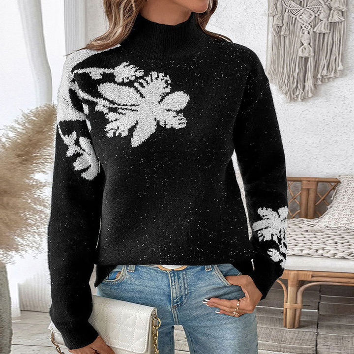 Damen Floraler Intarsia-Strickpullover mit Stehkragen und lockerer Silhouette Drune