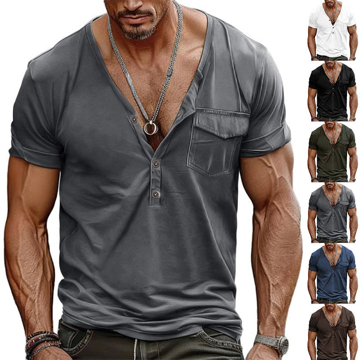Herren nan athletisches Kurzarmshirt mit tiefem V-Ausschnitt, Knopfleiste und Brusttasche Drune