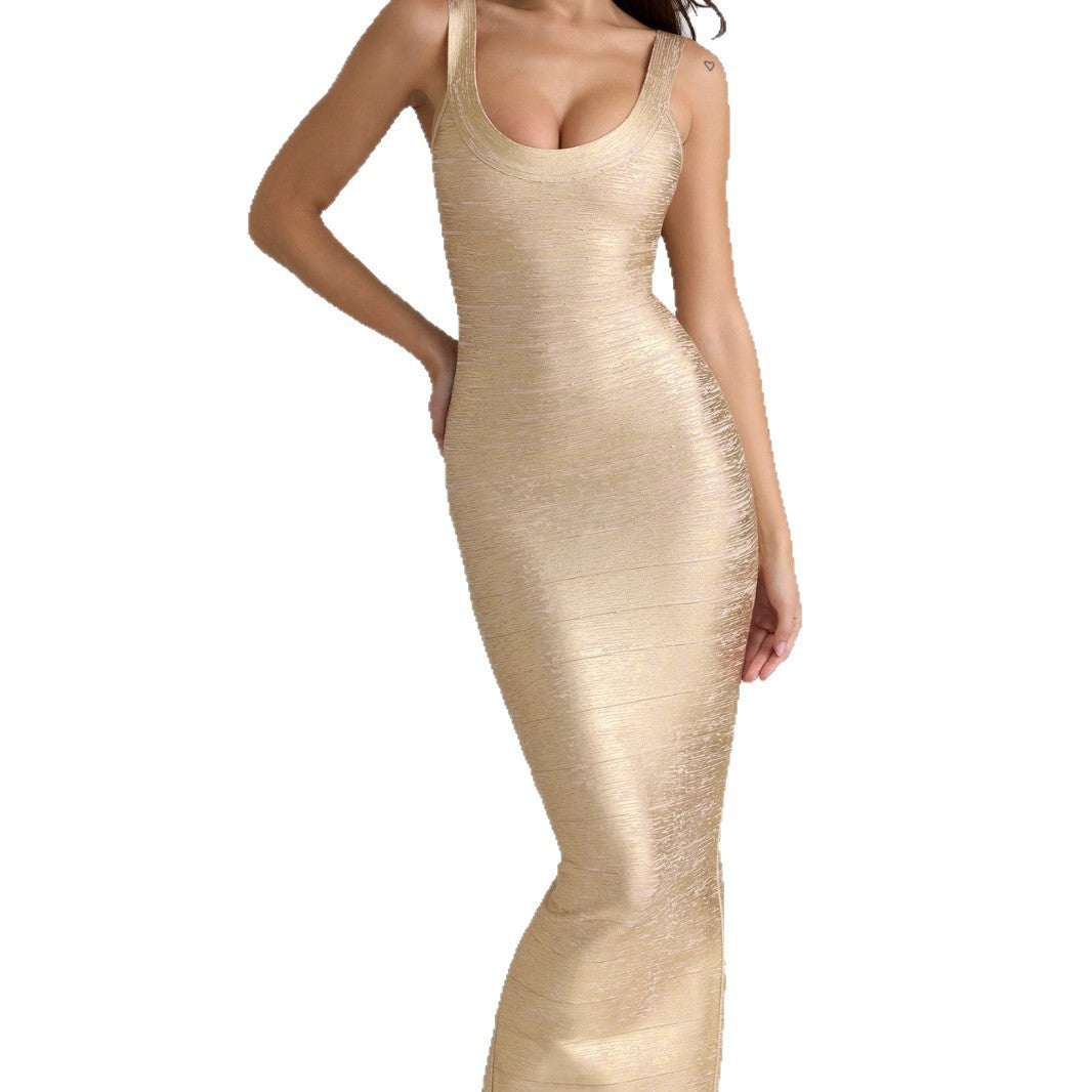 Damen figurbetontes Maxikleid mit schimmerndem Stoff und tiefem Ausschnitt Drune
