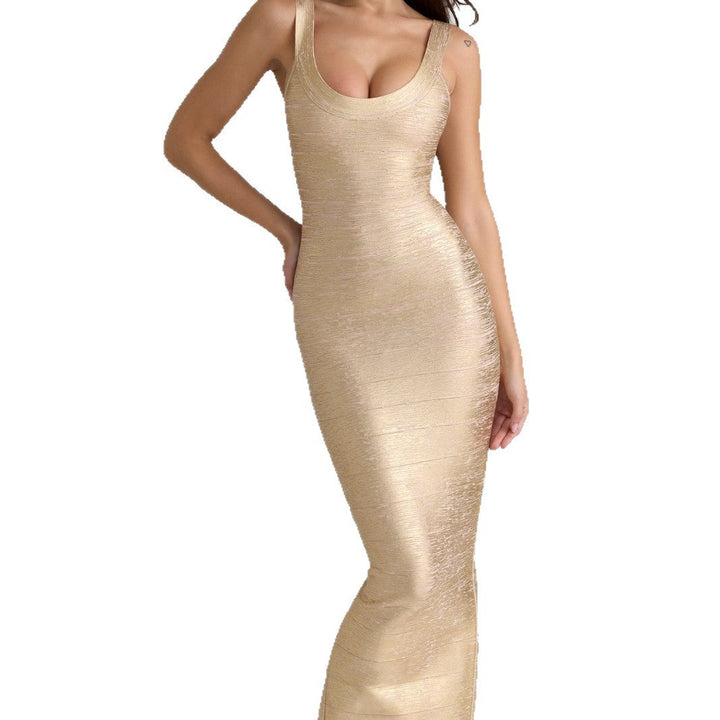 Damen figurbetontes Maxikleid mit schimmerndem Stoff und tiefem Ausschnitt Drune