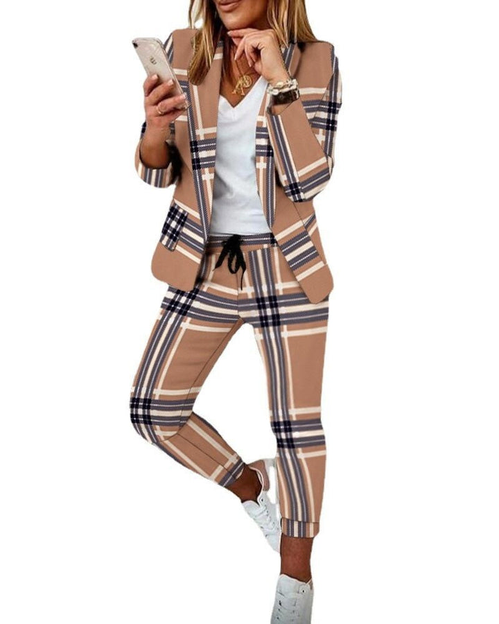 Zweiteiliges Set für Damen: Hosenanzug mit Muster, bestehend aus einem langärmeligen Blazer (offene Front, taillierter Schnitt) und einer unifarbenen langen Hose – ideal fürs Büro – DRUNE