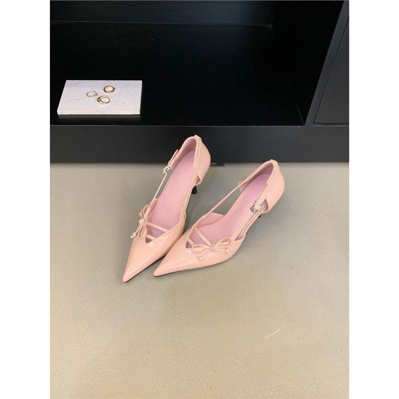 Damen Elegante spitz zulaufende Slingback-Ballerinas mit verstellbarem Knöchelriemen, V‑Ausschnitt und zierlicher Schleife Drune