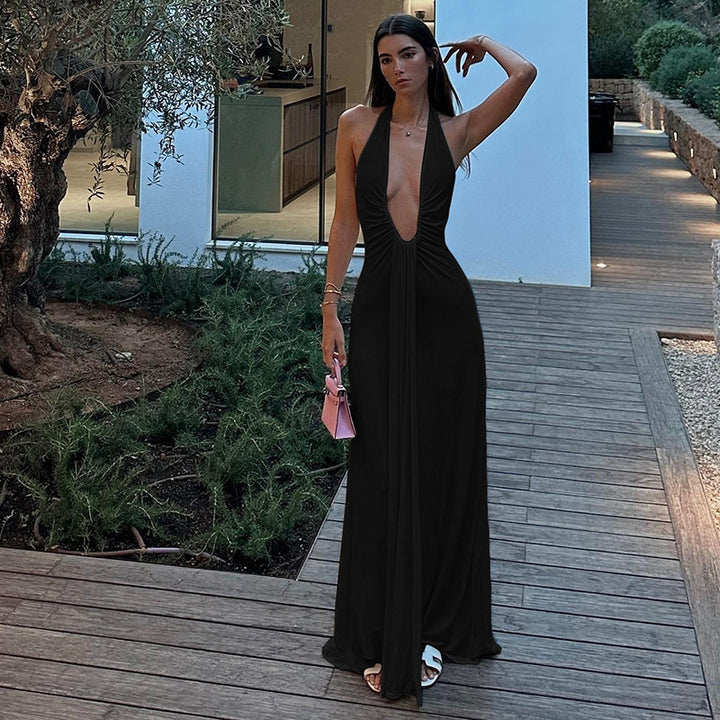 Damen Maxikleid mit tiefem V-Ausschnitt und raffiniertem Drapierungsdesign Drune