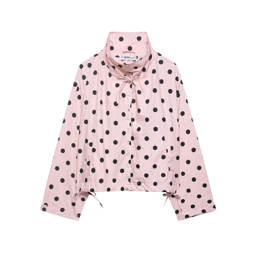 Damen Leichte Oversize-Polka-Dot Windjacke mit Stehkragen, Knopfleiste und Kordelzug Drune