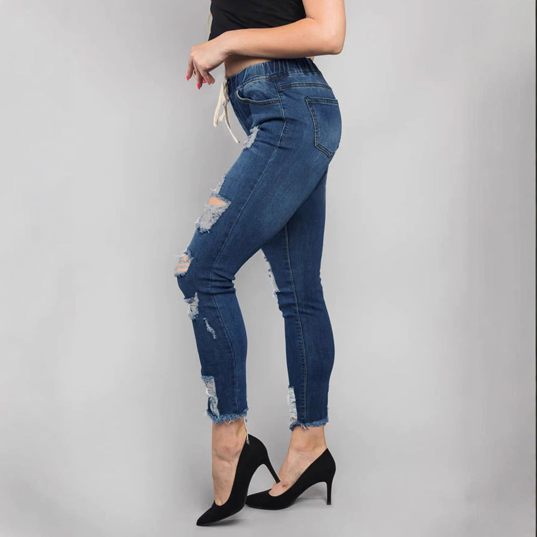 Damen Hochtaillierte Destroyed-Jogger-Jeans mit elastischem Tunnelzugbund und gekürztem Fransen-Saum Drune