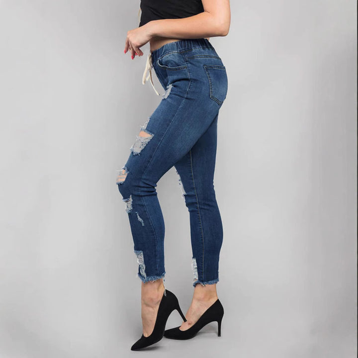 Damen Hochtaillierte Destroyed-Jogger-Jeans mit elastischem Tunnelzugbund und gekürztem Fransen-Saum Drune