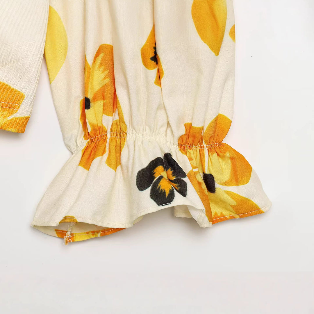 Damen Geblümte Cropped-Bluse mit V-Ausschnitt, Raffung und voluminösen Puffärmeln Drune