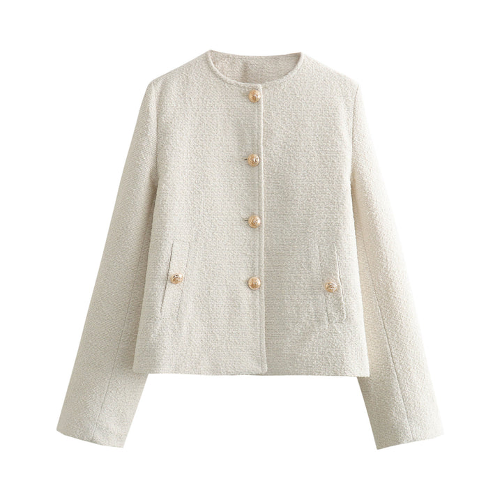 Damen nan elegante Bouclé-Croppedjacke mit Rundhalsausschnitt, goldknopf-Details und aufgesetzten Gürteltaschen Drune