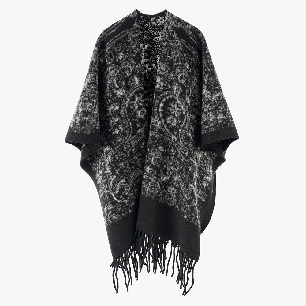 Damen Fransen-Cape im Kuschel-Wollmix mit strukturierter Vintage-Optik Drune
