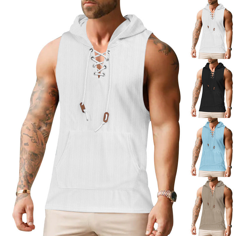 Herren ärmelloses Kapuzenshirt mit leichtem Strukturdesign und praktischen Schnürdetails Drune