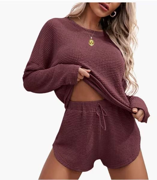 Damen lässiges Waffelstrick-Outfit mit komfortablem Crop-Oberteil und Shorts Drune