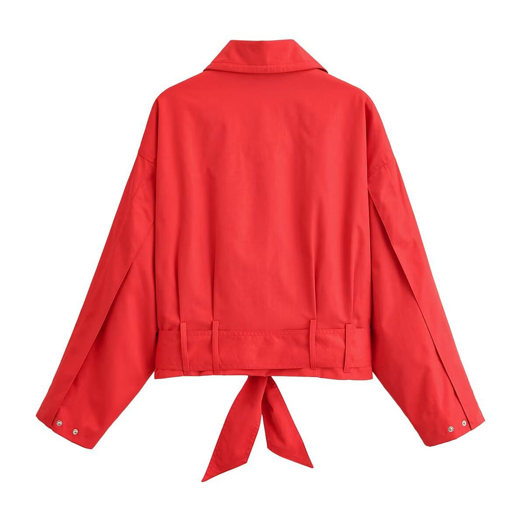 Damen Kurzjacke im Blousonstil mit Bindegürtel und breitem Kragen Drune