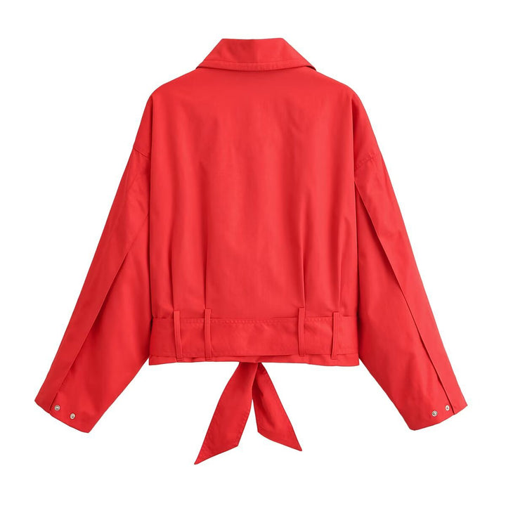 Damen Kurzjacke im Blousonstil mit Bindegürtel und breitem Kragen Drune