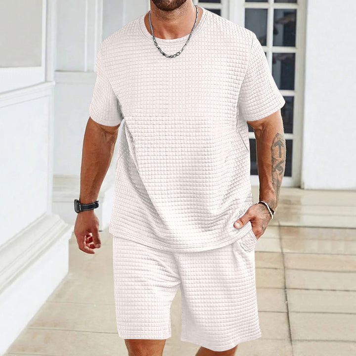 Herren nan leichter Freizeit-Zweiteiler in Waffelstruktur mit Rundhals-T-Shirt und komfortablen Shorts Drune