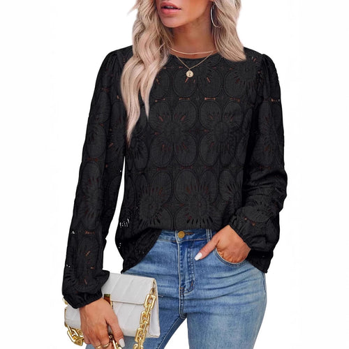 Damen Spitzenbluse mit floraler Häkelstickerei, Rundhals und langen Ballonärmeln Drune