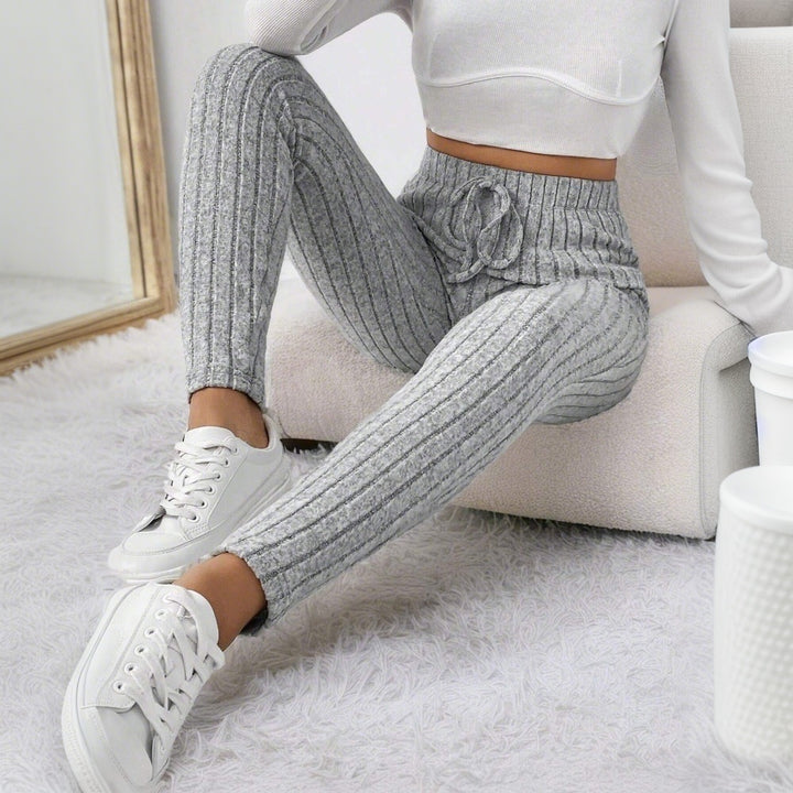 Damen gerippte Highwaist-Stricklegging mit Tunnelzug, elastischer Bund und figurbetonter Skinny-Passform Drune