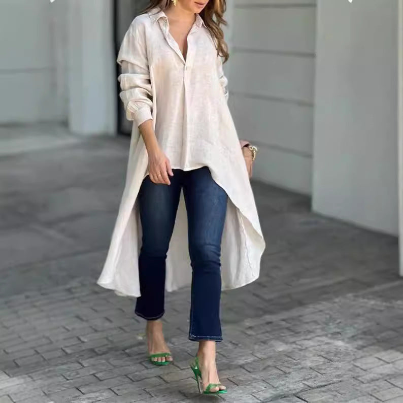 Damen Leichte Leinen‑Tunika‑Bluse mit asymmetrischem High‑Low‑Schwanz und Hemdkragen Drune