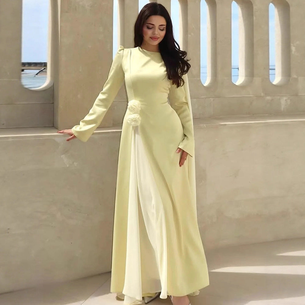 Damen Abendkleid mit Cape-Ärmeln, taillierter Silhouette und Zierblüten-Detail Drune