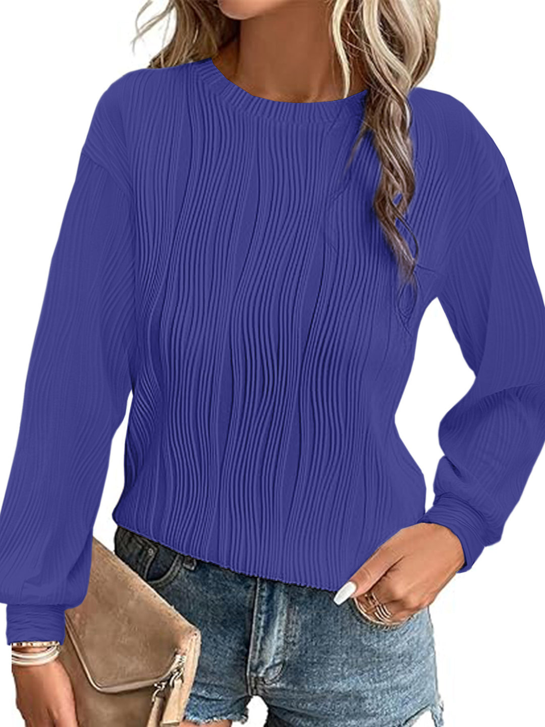 Damen Fein plissiertes Langarmshirt mit Rundhalsausschnitt und strukturierter Wellenoptik Drune