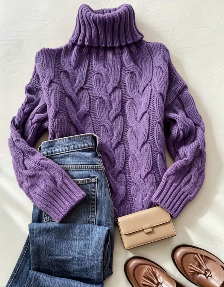 Damen Grobstrick-Rollkragenpullover mit markanten Zopfmustern und gerippten Bündchen Drune
