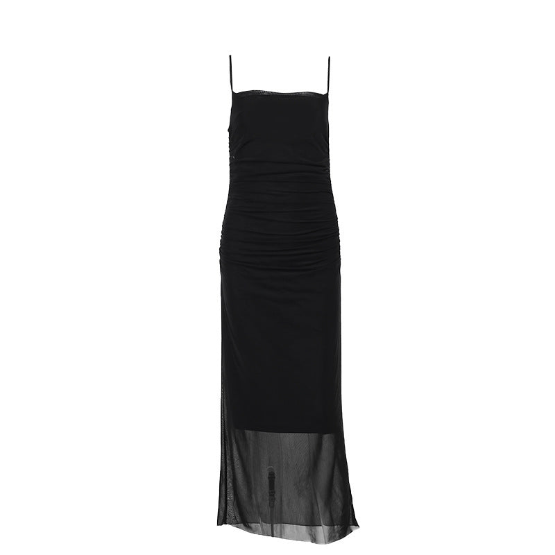 Damen elegantes Maxikleid mit raffinierten Rüschendetails und schmalen Spaghettiträgern Drune