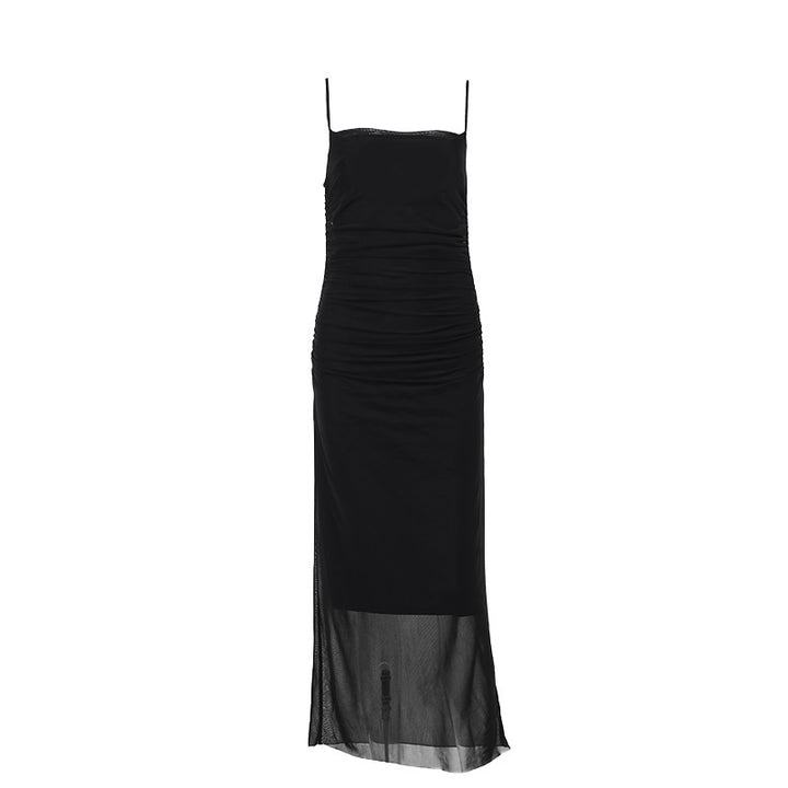 Damen elegantes Maxikleid mit raffinierten Rüschendetails und schmalen Spaghettiträgern Drune