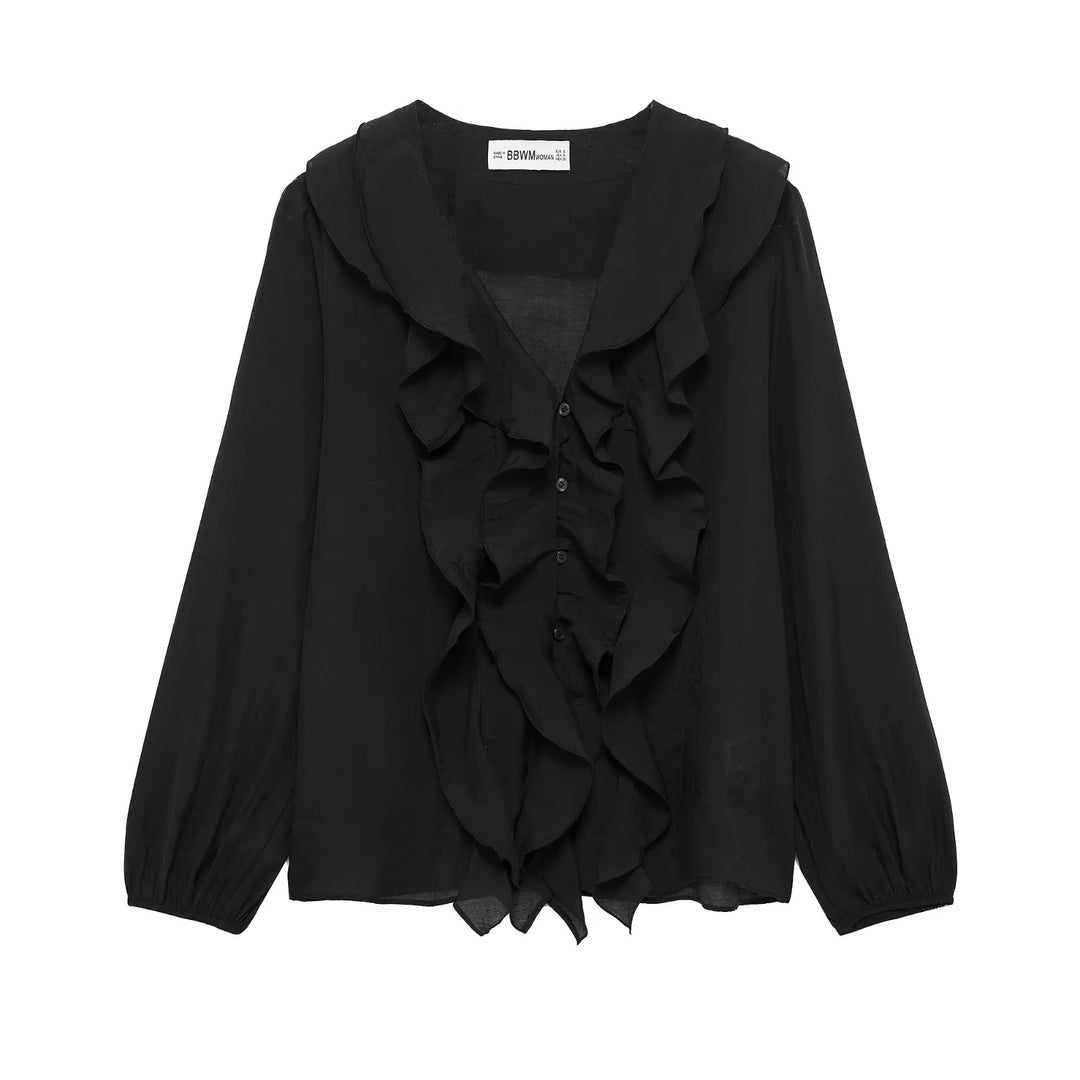Damen nan Rüschige Chiffonbluse mit V-Ausschnitt, durchgehender Knopfleiste und Volant-Details Drune