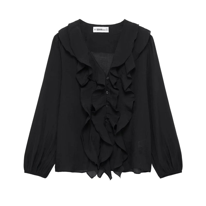 Damen nan Rüschige Chiffonbluse mit V-Ausschnitt, durchgehender Knopfleiste und Volant-Details Drune