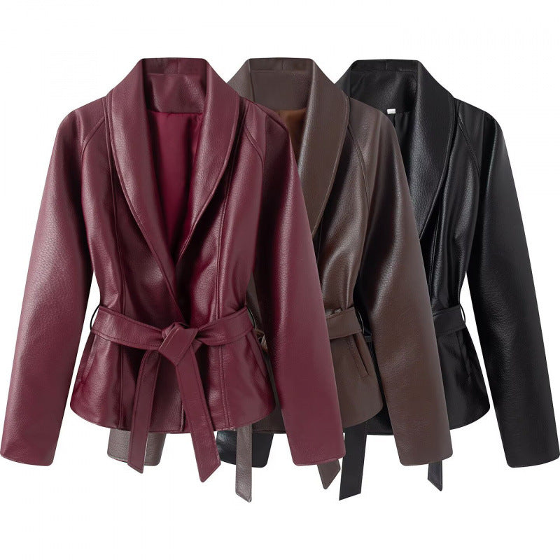 Damen Taillierte Kunstlederjacke mit Schalkragen und Bindegürtel Drune