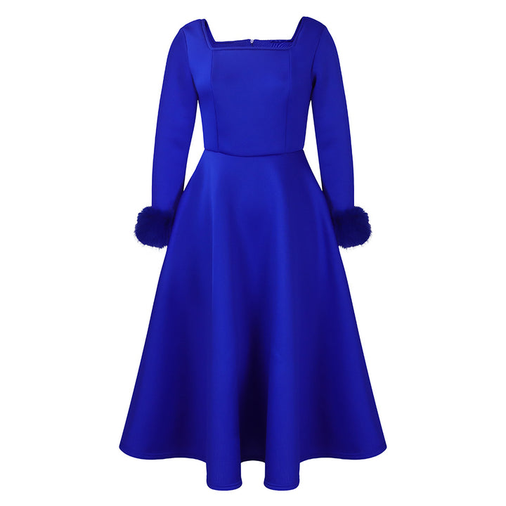 Damen Kleid mit quadratischem Ausschnitt und modischen Fuchsfell-Ärmeln Drune